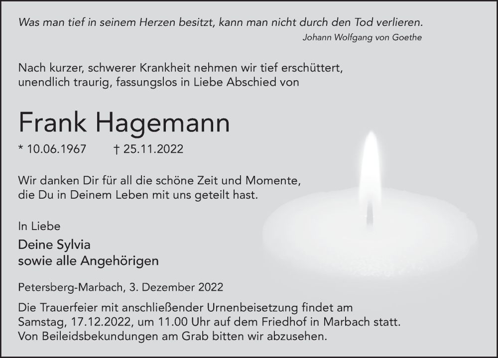  Traueranzeige für Frank Hagemann vom 03.12.2022 aus FZ
