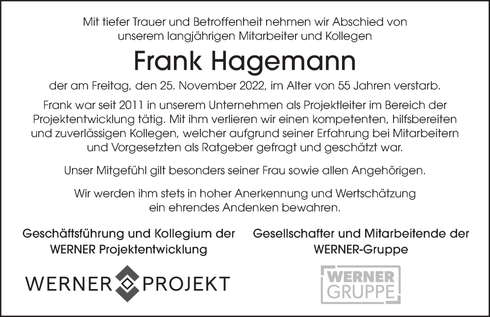  Traueranzeige für Frank Hagemann vom 03.12.2022 aus FZ
