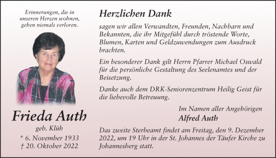 Traueranzeige von Frieda Auth von FZ