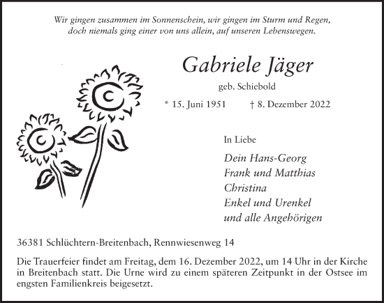 Traueranzeige von Gabriele Jäger von FZ