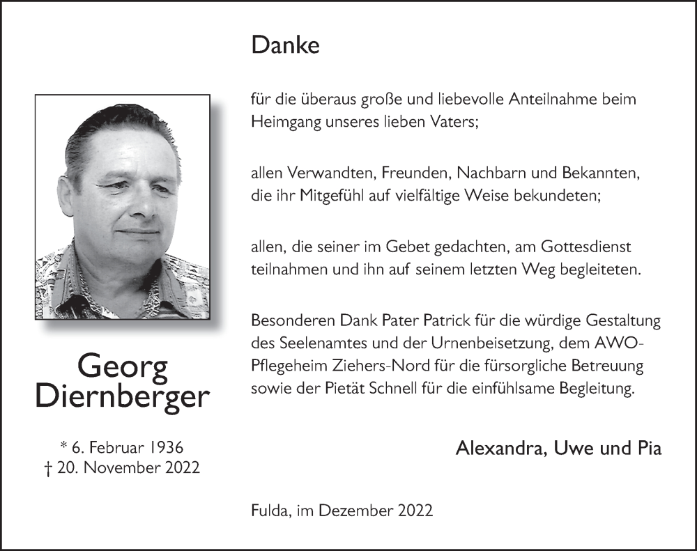  Traueranzeige für Georg Diernberger vom 23.12.2022 aus FZ