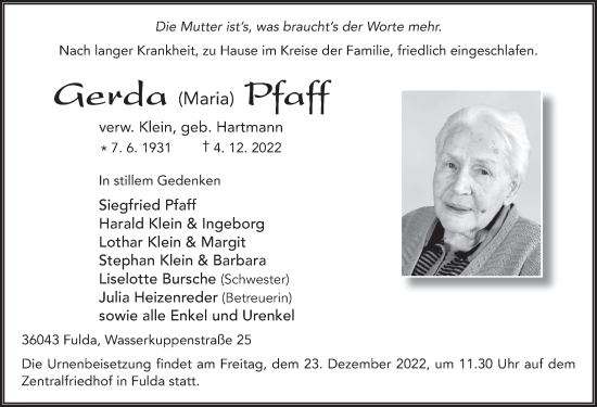 Traueranzeige von Gerda Pfaff von FZ