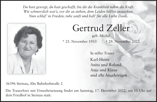 Traueranzeige von Gertrud Zeller von FZ