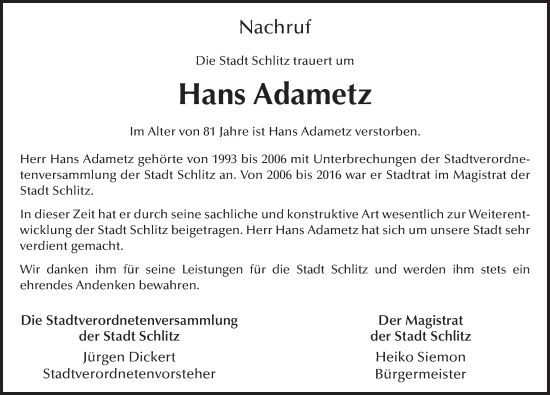 Traueranzeige von Hans Adametz von FZ