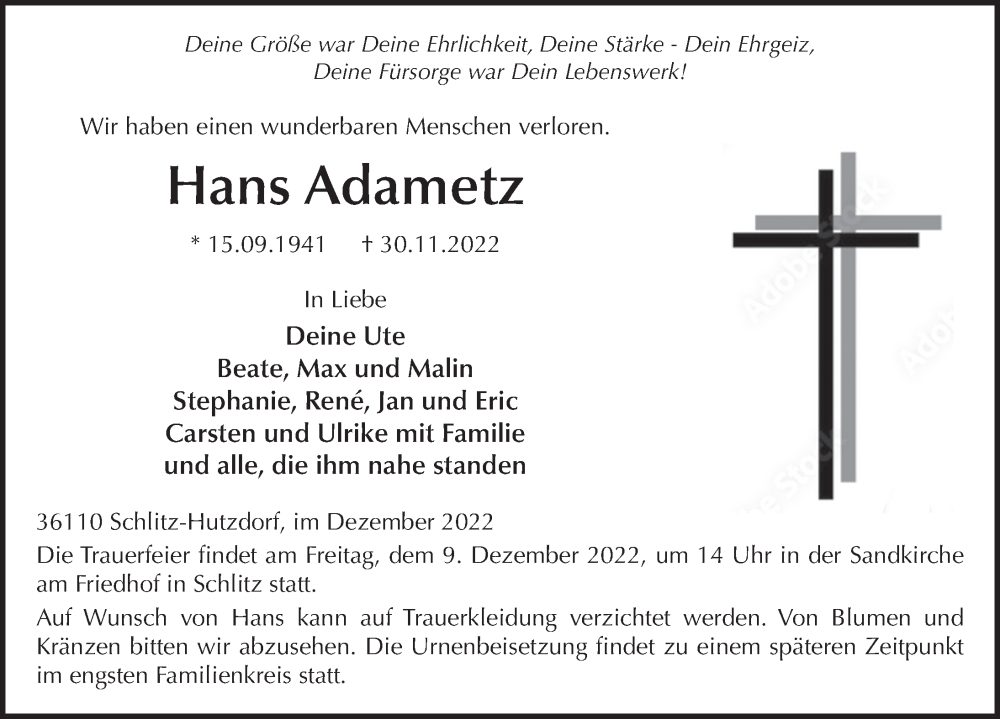  Traueranzeige für Hans Adametz vom 07.12.2022 aus FZ