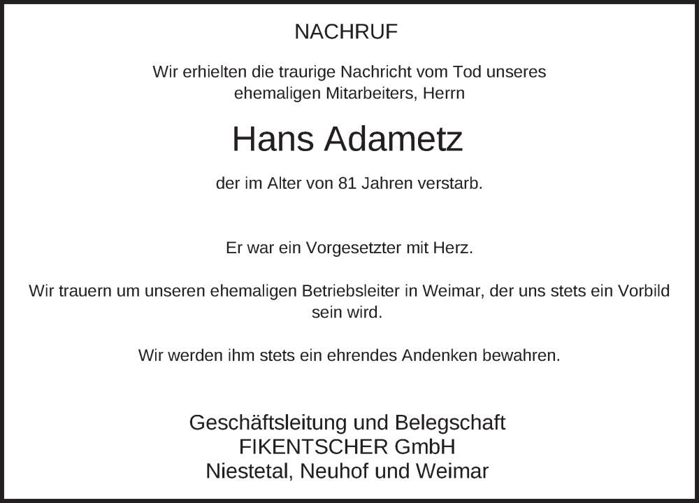  Traueranzeige für Hans Adametz vom 07.12.2022 aus FZ