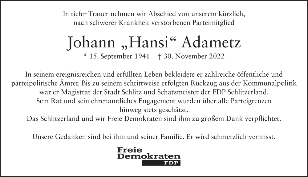  Traueranzeige für Hans Adametz vom 08.12.2022 aus FZ