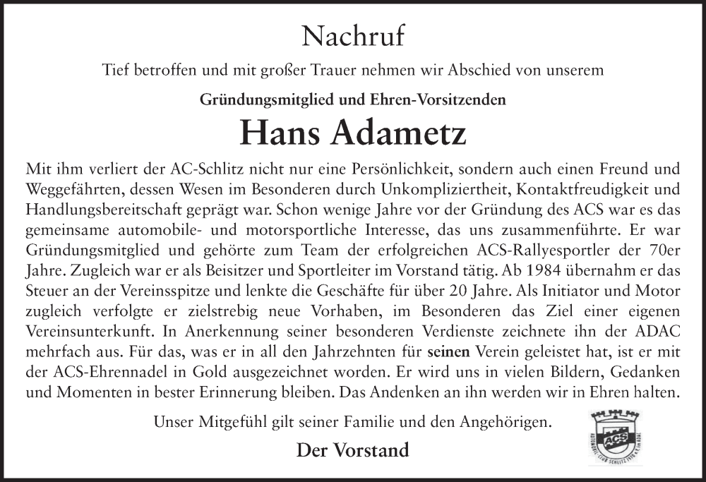  Traueranzeige für Hans Adametz vom 07.12.2022 aus FZ