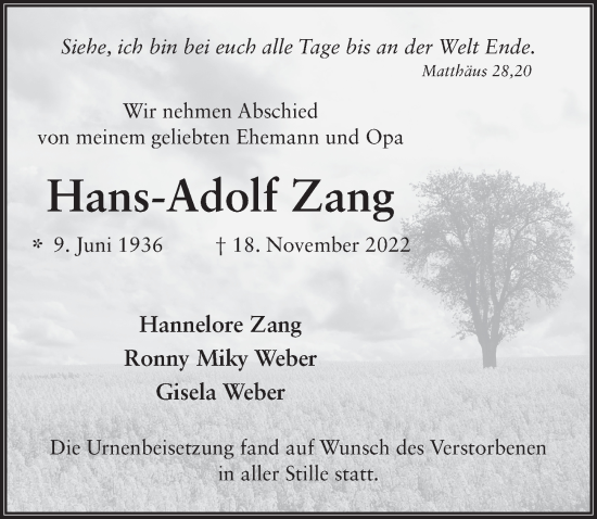 Traueranzeige von Hans-Adolf Zang von FZ