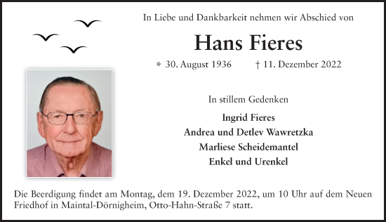 Traueranzeige von Hans Fieres von FZ
