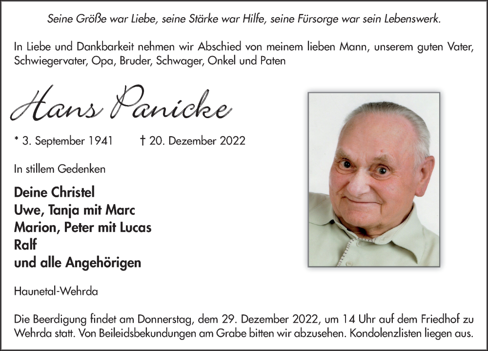  Traueranzeige für Hans Panicke vom 24.12.2022 aus FZ