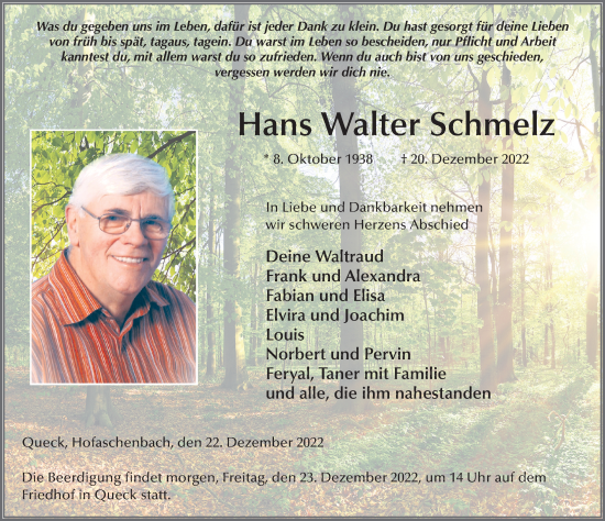 Traueranzeige von Hans Walter Schmelz von FZ