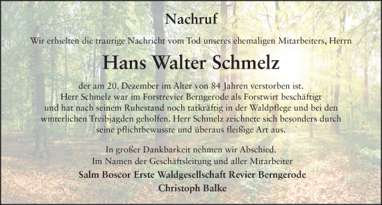 Traueranzeige von Hans Walter Schmelz von FZ