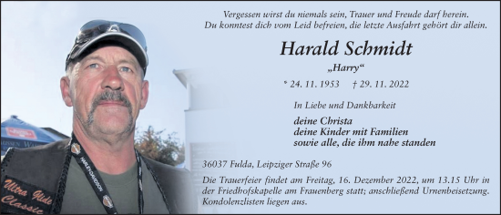 Traueranzeige von Harald Schmidt von FZ