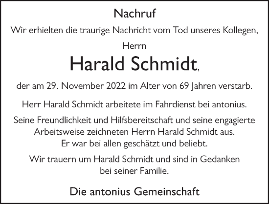 Traueranzeige von Harald Schmidt von FZ