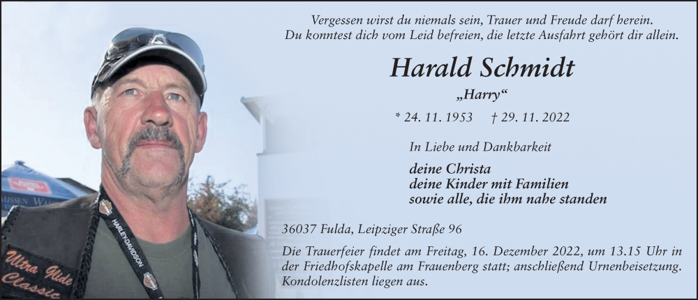  Traueranzeige für Harald Schmidt vom 09.12.2022 aus FZ