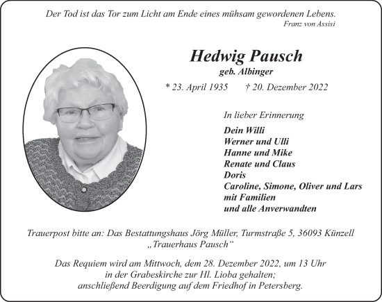 Traueranzeige von Hedwig Pausch von FZ