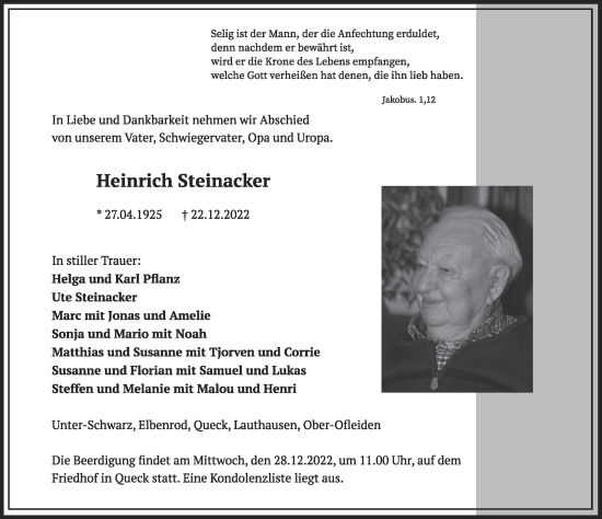 Traueranzeige von Heinrich Steinacker von FZ