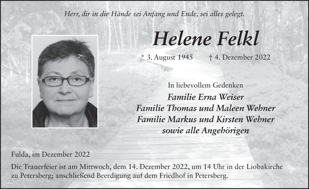  Traueranzeige für Helene Felkl vom 10.12.2022 aus FZ