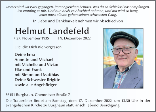 Traueranzeige von Helmut Landefeld von FZ