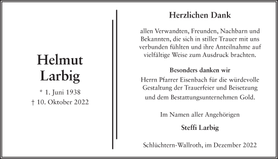 Traueranzeige von Helmut Larbig von FZ