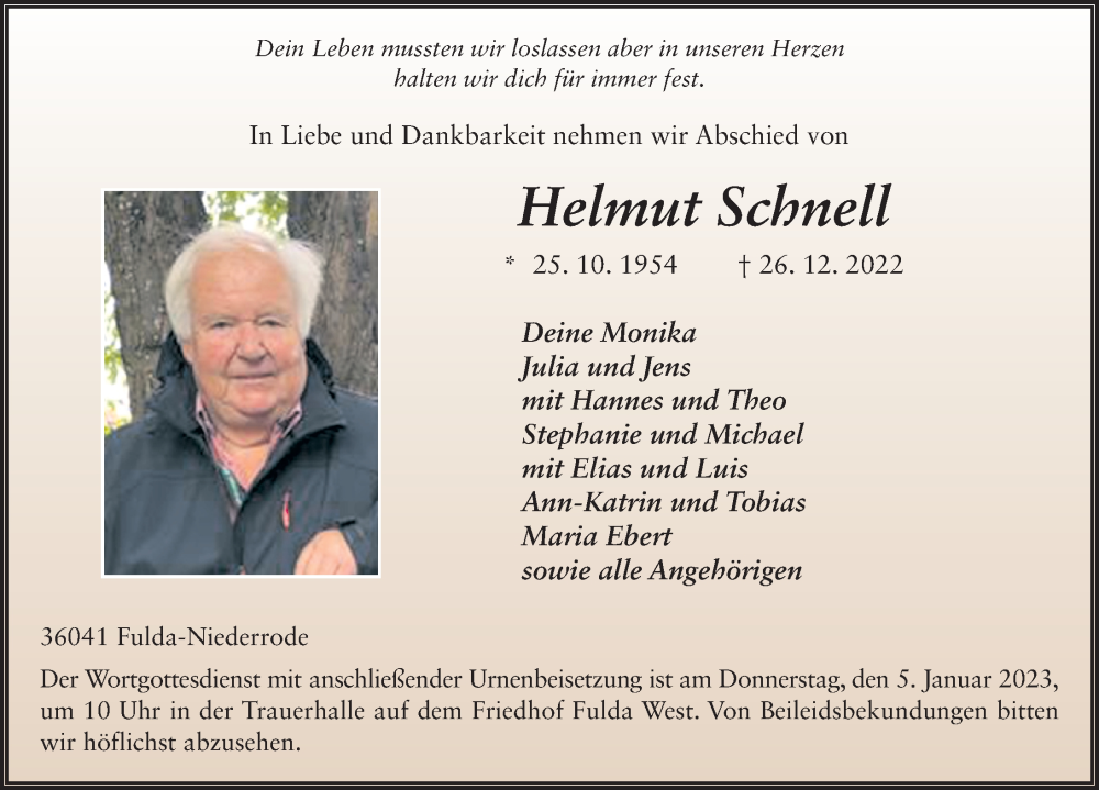  Traueranzeige für Helmut Schnell vom 31.12.2022 aus FZ