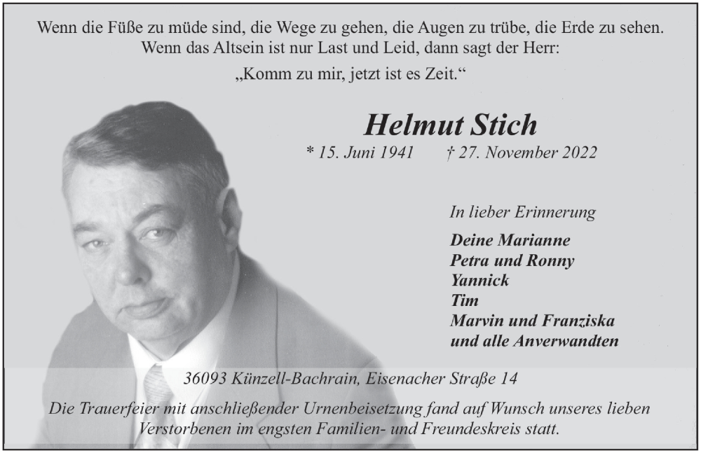  Traueranzeige für Helmut Stich vom 12.12.2022 aus FZ