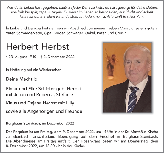 Traueranzeige von Herbert Herbst von FZ