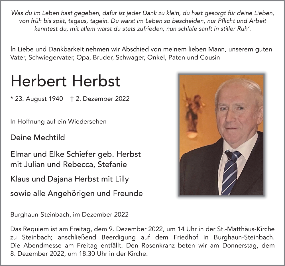  Traueranzeige für Herbert Herbst vom 07.12.2022 aus FZ