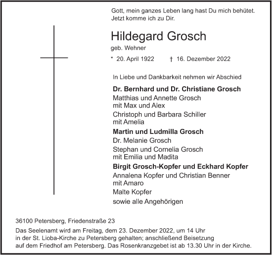 Traueranzeige von Hildegard Grosch von FZ