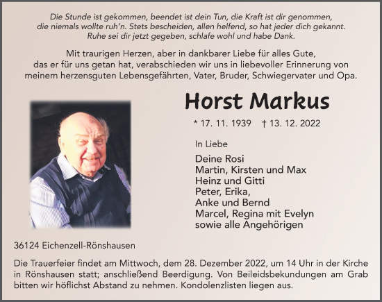 Traueranzeige von Horst Markus von FZ