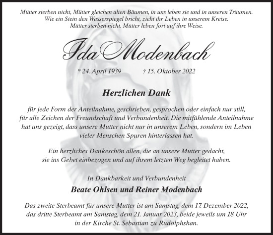 Traueranzeige von Ida Modenbach von FZ