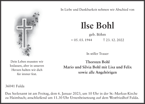 Traueranzeige von Ilse Bohl von FZ