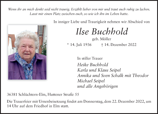 Traueranzeige von Ilse Buchhold von FZ