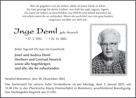 Traueranzeige von Inge Deml von FZ