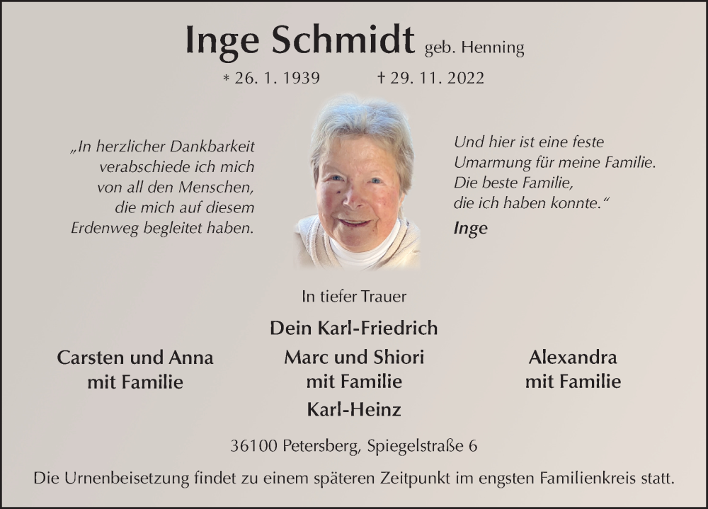  Traueranzeige für Inge Schmidt vom 03.12.2022 aus FZ