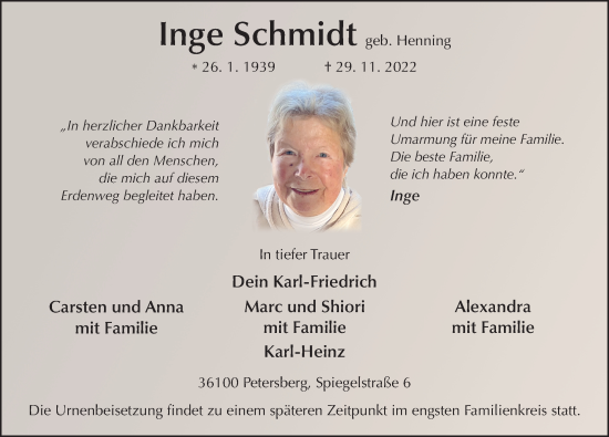 Traueranzeige von Inge Schmidt von FZ