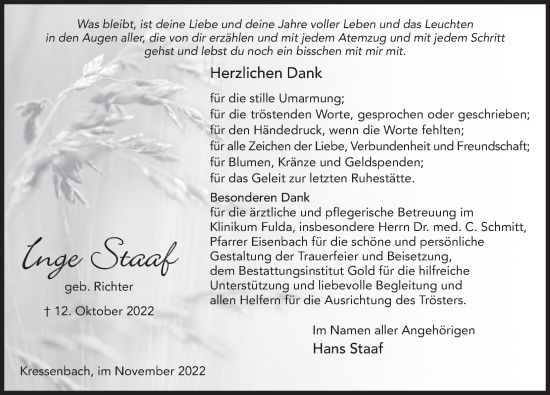 Traueranzeige von Inge Staaf von FZ