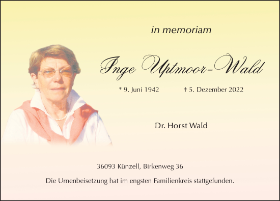 Traueranzeige von Inge Uptmoor-Wald von FZ