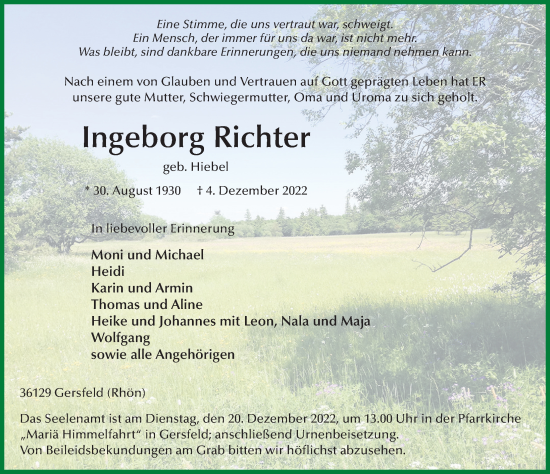 Traueranzeige von Ingeborg Richter von FZ