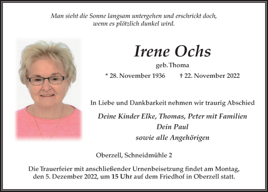 Traueranzeige von Irene Ochs von FZ