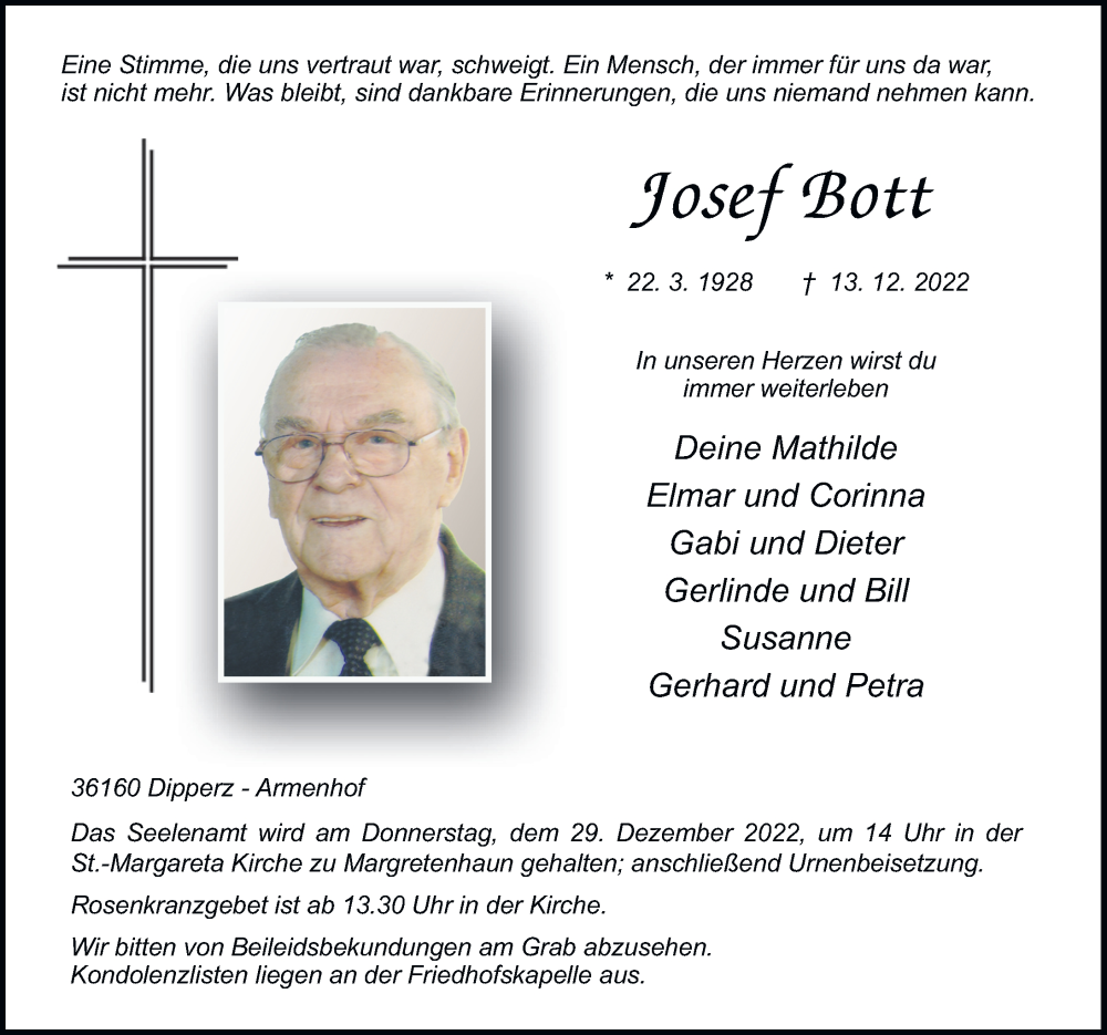  Traueranzeige für Josef Bott vom 24.12.2022 aus FZ