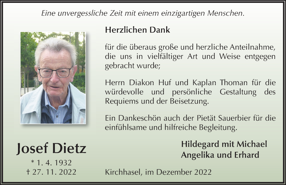  Traueranzeige für Josef Dietz vom 30.12.2022 aus FZ