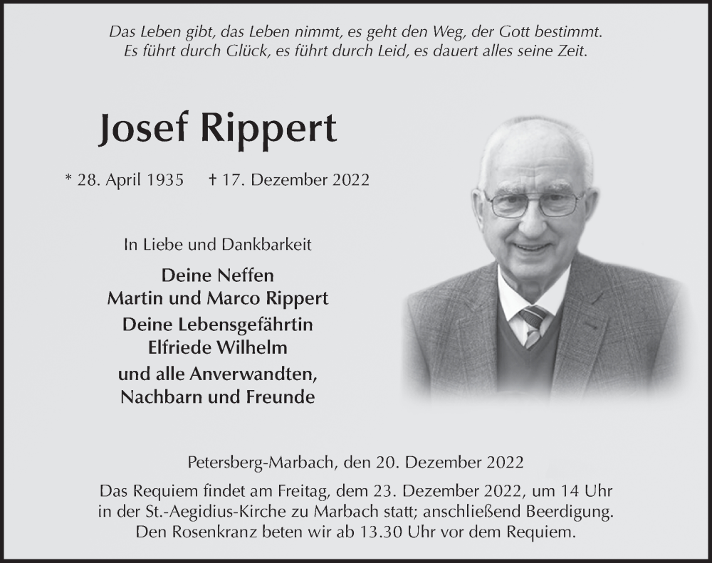  Traueranzeige für Josef Rippert vom 20.12.2022 aus FZ
