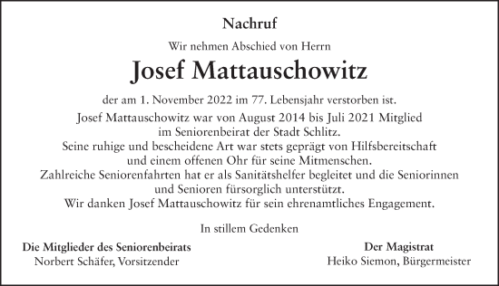 Traueranzeige von Josef Andreas Mattauschowitz von FZ