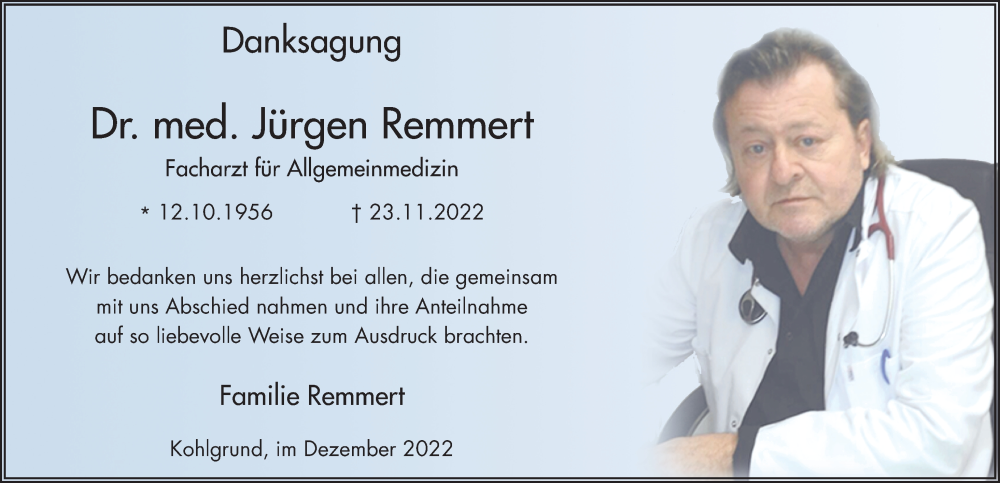  Traueranzeige für Jürgen Remmert vom 24.12.2022 aus FZ
