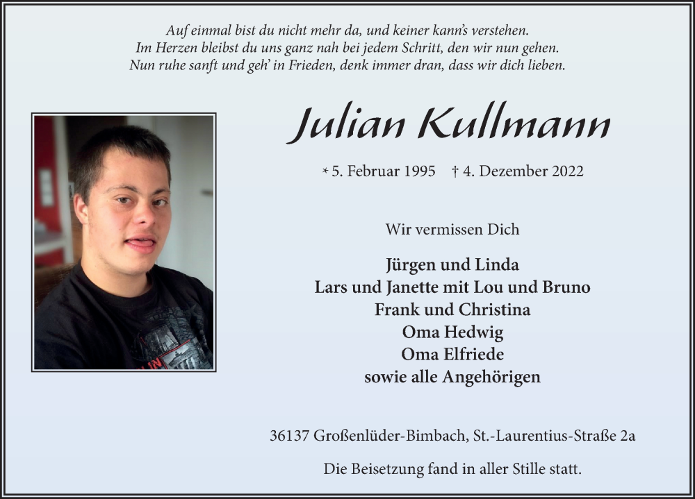  Traueranzeige für Julian Kullmann vom 17.12.2022 aus FZ