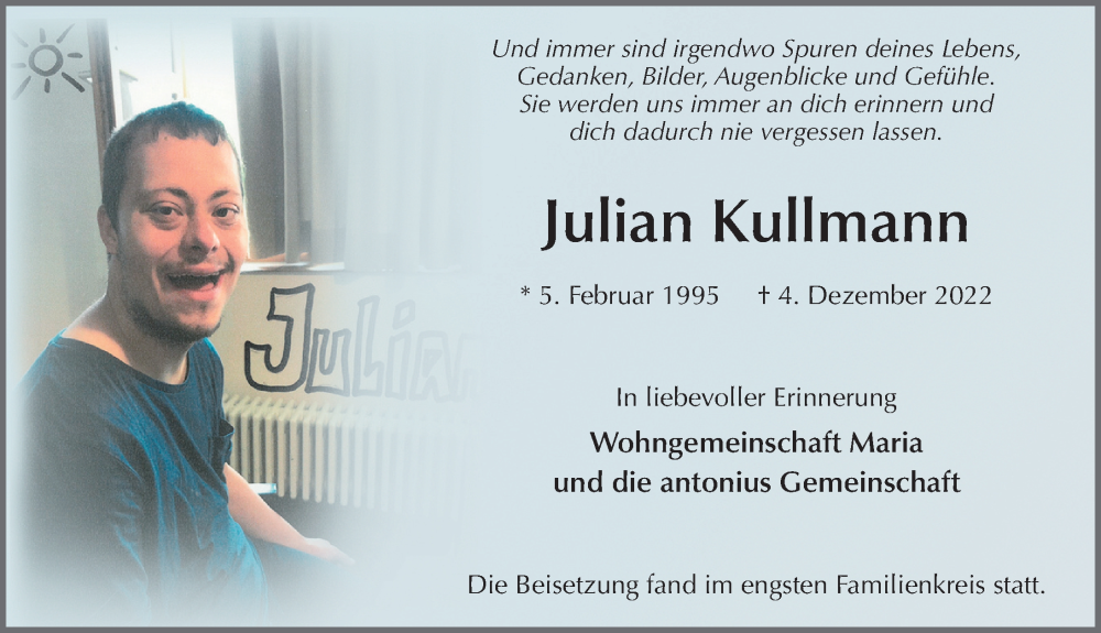  Traueranzeige für Julian Kullmann vom 17.12.2022 aus FZ