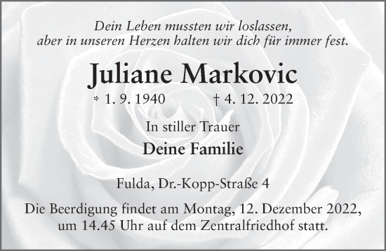 Traueranzeige von Juliane Markovic von FZ