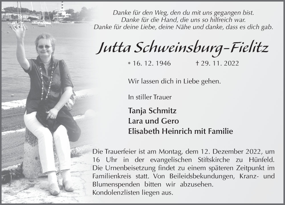  Traueranzeige für Jutta Schweinsburg-Fielitz vom 07.12.2022 aus FZ